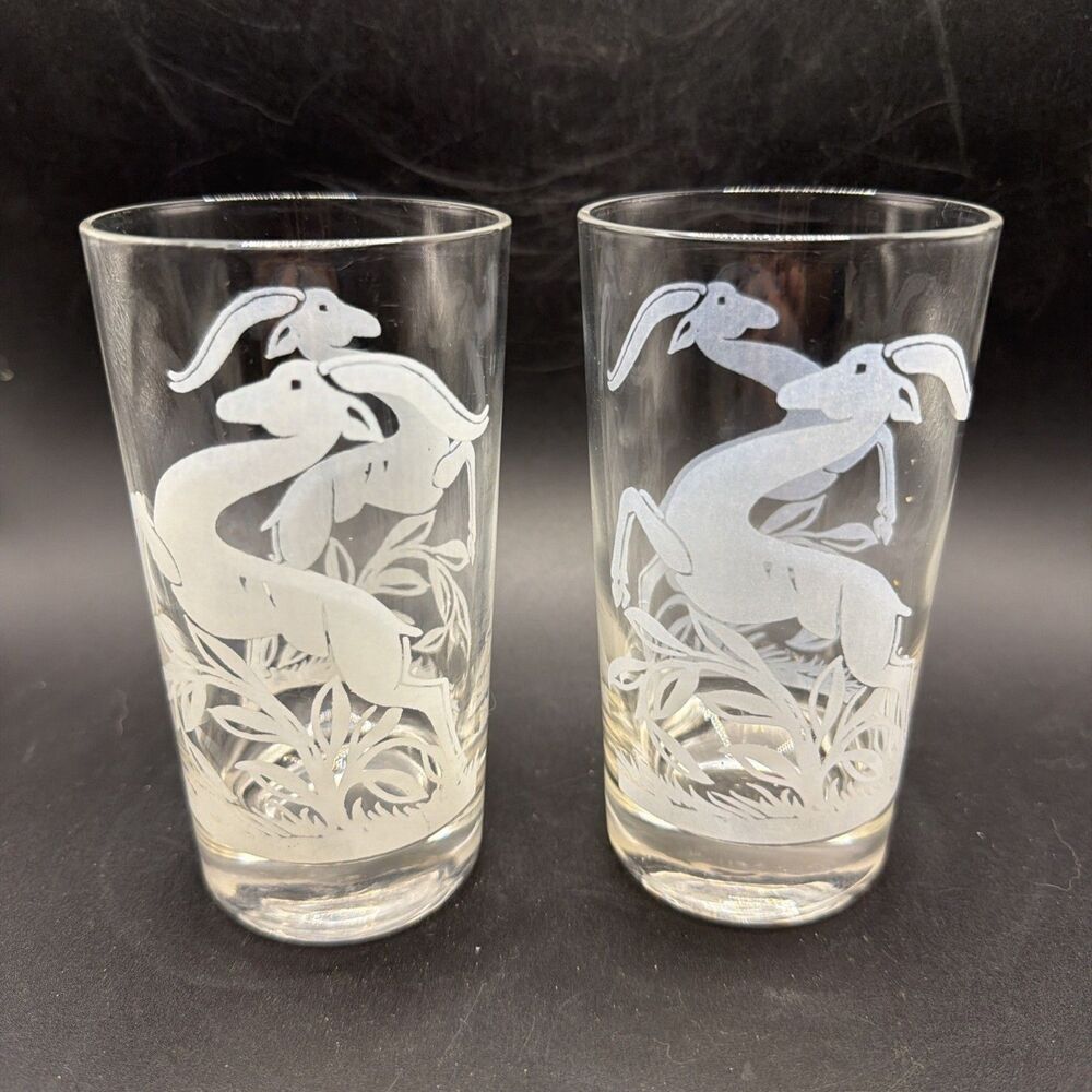 Vintage Frosted Gazelle Highball Glasses Set of 2 Mid Century Modern Barware